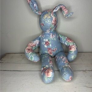 Vintage Fabric Handmade Stuffed Grandma Cottage-Core Blue Floral Bunny Rabbit